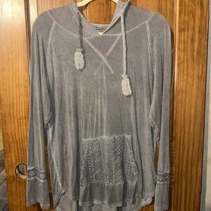 POL Lace Crochet Pocket Hoodie in Gray Heather